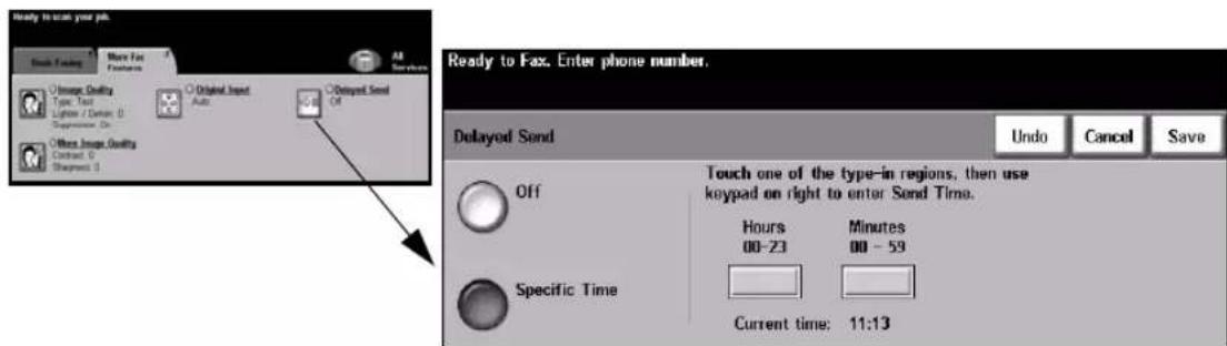 Ready to scan your job. Quick Finding More Fax Features Image Quality Type: Text Lighter / Dancer: 0 Suppression: 0 Other Image Quality Contract: 0 Sharpness: 0 Original Input Auto Delayed Send Off Ready to Fax. Enter phone number. Delayed Send Undo Cancel Save Off Touch one of the type-in regions, then use keypad on right to enter Send Time. Hours Minutes 00-23 00 - 59 Specific Time Current time: 11:13
