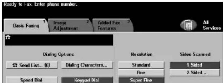 Ready to Fax. Enter phone number. Basic Fasting Image Adjustment Added Fax Features All Services Dialing Options Send List... (0) Dialing Characters... Speed Dial Keypad Dial Resolution Standard Fine Super Fine Sides Scanned 1 Sided 2 Sided...