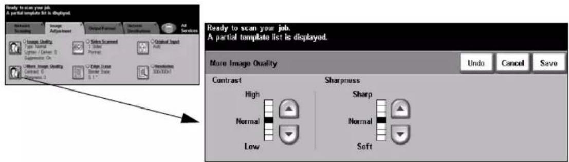 Ready to scan your job. A partial template list is displayed. More Image Quality Contrast High Normal Low Sharpness Sharp Normal Soft Undo Cancel Save Ready to scan your job. A partial template list is displayed. More Image Quality Undo Cancel Save