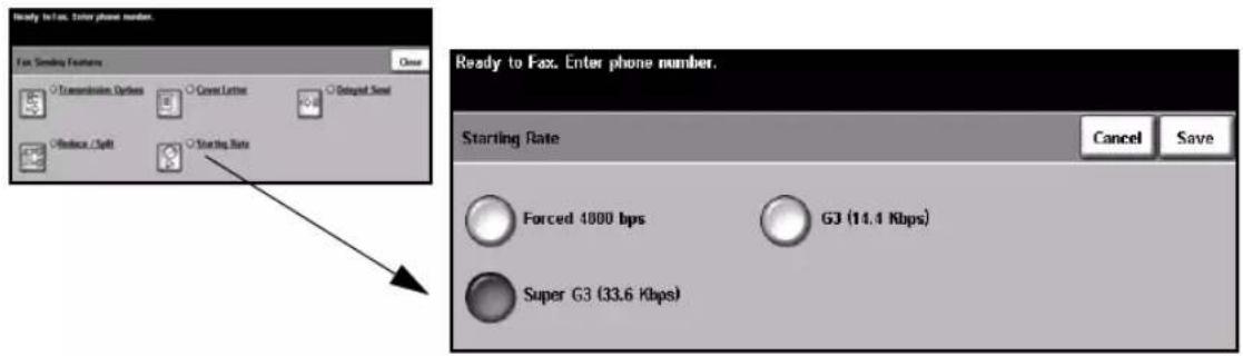 Ready to Fax. Enter phone number. Fax. Sending Features ○ Transmission Outless ○ Cover Letter ○ Retamped Signal ○ Reduce Split ○ Starting Rate Ready to Fax. Enter phone number. Starting Rate Cancel Save Forced 4000 bps G3 (14.4 Kbps) Super G3 (33.6 Kbps)