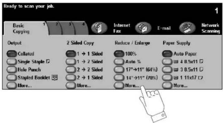 Ready to scan your job. Basic Copying 1 2 3 4 Internet Fax E-mail Network Scanning Output 2 Sided Copy Reduce / Enlarge Paper Supply Collated 1 → 1 Sided 100% Auto Paper Single Staple 1 → 2 Sided Auto % Hole Punch 2 → 2 Sided 17"→11" (64%) 4 8.5x11 Stapled Booklet 2 → 1 Sided 14"→11" (78%) 3 8.5x11 More... More... More... 1 11x17 More... More...