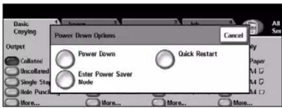 Basic Copying Output Collated Uncollated Single Stay Hide Punch More... Power Down Options Cancel Power Down Quick Restart Enter Power Saver Mode More... More... More... All Set