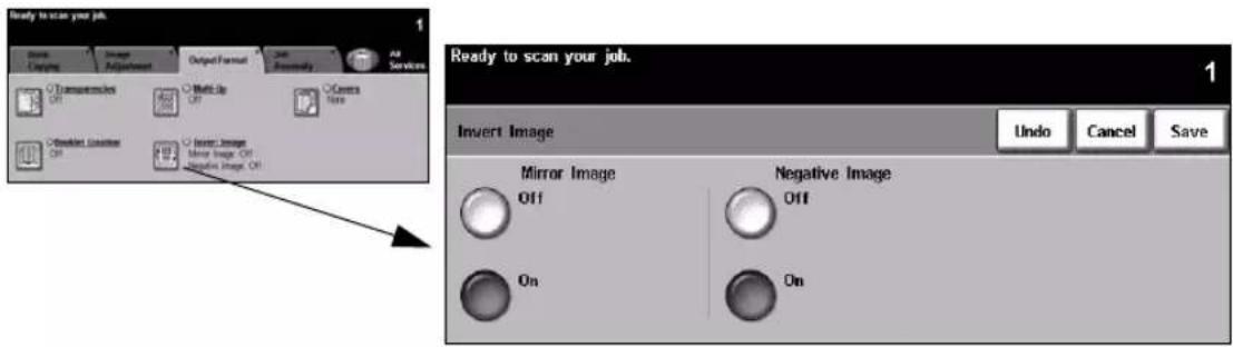 Ready to scan your job. 1 Book Drawing Image Adjustment Output Format Job Assembly All Services Transmersion Off Move Up Off Covers Note Default Counter Off Insert Image Mirror Image Off Negative Image Off Ready to scan your job. 1 Invert Image Undo Cancel Save Mirror Image Off Negative Image Off On On
