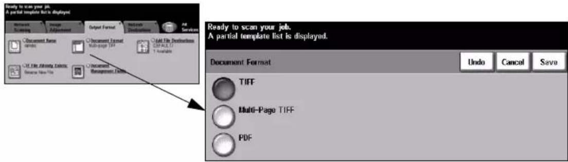 Ready to scan your job. A partial template list is displayed. Document Format TIFF Multi-Page TIFF PDF