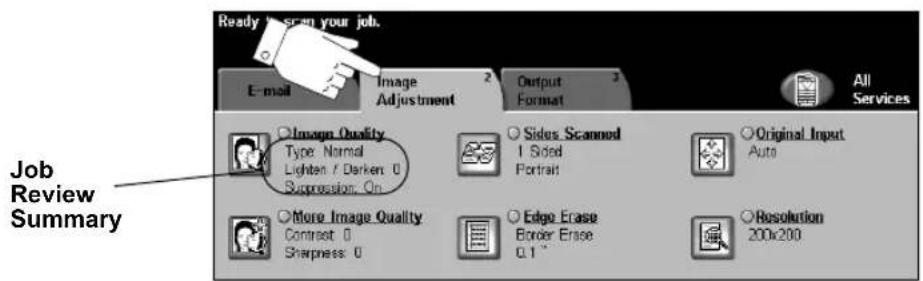 Ready to scan your job. E-mail Image Adjustment Output Format All Services Image Quality Type: Normal Lighten / Darken: 0 Suppression: On Sides Scanned 1 Solid Portrait Original Input Auto More Image Quality Contrast: 0 Sharpness: 0 Edge Erase Border Erase 0.1" Resolution 200x200 Job Review Summary