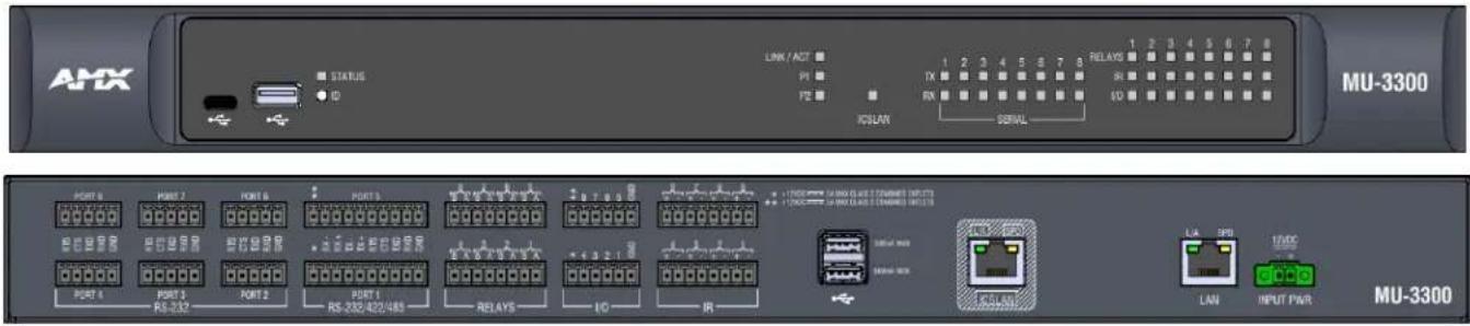 AMX STATUS ID LINK / ACT PI F2 ICLAN RELAYS 1 2 3 4 5 6 7 8 IX RX 10 MU-3300 +100V/400 V/400 V/400 V/400 V/400 V/400 V/400 V/400 V/400 V/400 V/400 V/400 V/400 V/400 V/400 V/400 V/400 V/400 V/400 V/400 V/400 PORT 9 PORT 2 PORT 6 PORT 5 PORT 4 PORT 3 PORT 2 PORT 1 RS-332 PORT 1 RS-232/422/482 RELAYS IO IR LIA 3PG 1VACC INPUT PWR MU-3300