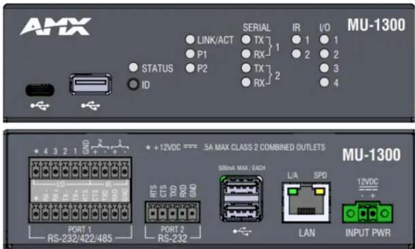 AMX STATUS ID LINK/ACT P1 P2 SERIAL TX RX TX RX IR 1 2 1 2 3 4 I/O MU-1300 * +12VDC === .5A MAX CLASS 2 COMBINED OUTLETS PORT 1 RS-232/422/485 PORT 2 RS-232 500mA MAX / EACH L/A SPD LAN INPUT PWR MU-1300