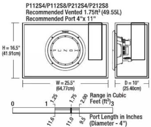 P112S4/P112S8/P212S4/P212S8 Recommended Vented 1.75ft³ (49.55L) Recommended Port 4"x 11" H = 16.5" (41.91cm) W = 25.5" (64.77cm) D = 10" (25.40cm) 0 1 1.25 1.75 2.00 Range in Cubic Feet (ft³)₃ Port Length in Inches (Diameter - 4") 11.6 11.0 9.5