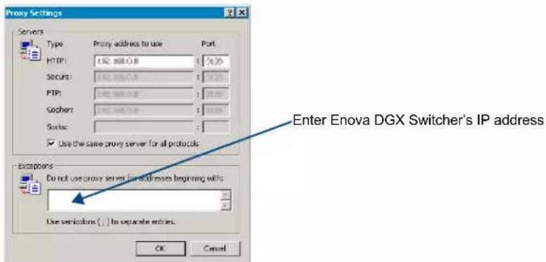 Proxy Settings Servers Type Proxy address to use Port HTTP: 192.888.0.8 74.35 Secure: 192.888.0.8 74.35 FTP: 192.888.0.8 74.35 Gochar: 192.888.0.8 74.35 Sociac: Use the same proxy server for all protocols Enter Enova DGX Switcher's IP address Excess points Do not use proxy server for addresses beginning with: Use semiclons ( ) to separate entries. OK Cancel