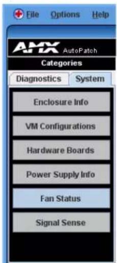 File Options Help AMX AutoPatch Categories Diagnostics System Enclosure Info VM Configurations Hardware Boards Power Supply Info Fan Status Signal Sense