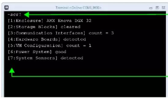 scr! [1:Enclosure] AMX Enova DGX 32 [2:Storage Blocks] cleared [3:Communication Interfaces] count = 3 [4:Hardware Boards] detected [5:VM Configuration] count = 1 [6:Power System] good [7:System Sensors] detected