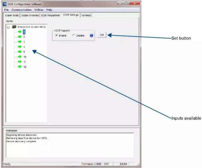 DGX Configuration Software File Communication Utilities Help Scaler Moda Scales Overms EDD Programmer HDCP Settings Terminal Inputs: Eneva DGX 32 (0x1 1070) HDCP Support Enable Disable Set Set button Inputs available Messages: Beginning device discovery Retrieving data from device 0x1 1070... Device discovery complete. Ready Terminal COMB - OFF NUM