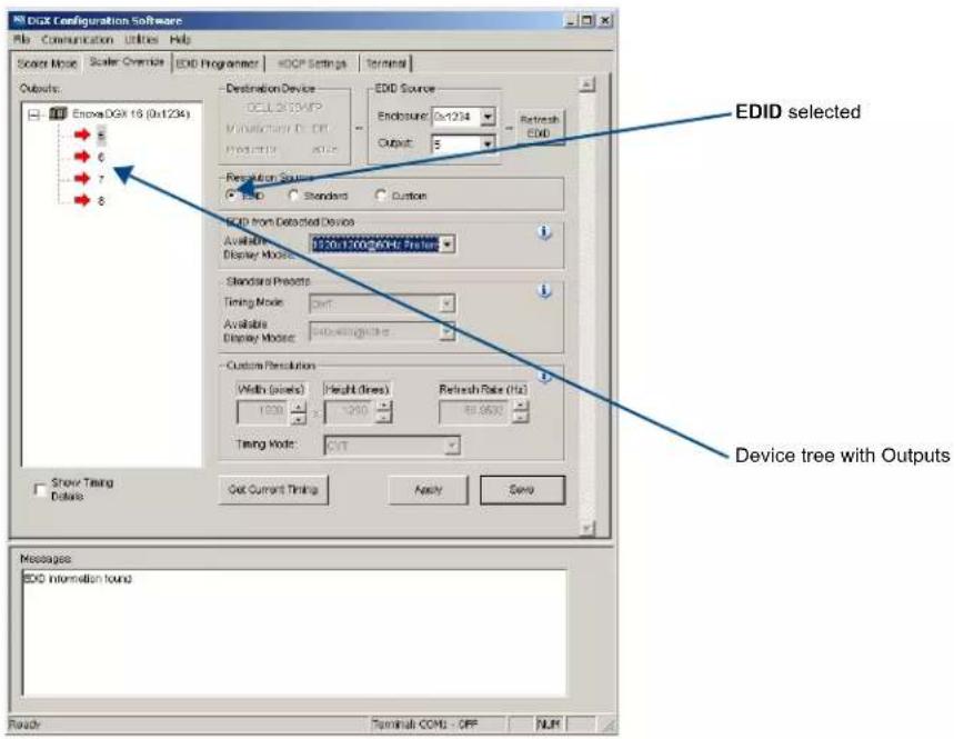 EDID Configuration Software File Communication Utilities Help Scaler Mode Scaler Overpass EDD Programmer HOSP Settings Terminal Outputs: Enova DGX 16 (0x1234) Destination Device CELL 280VWP Manufacturing: OFF PROJET: 2015 EDID Source Endosize: 0x1234 Output: 5 Refresh EDID Recognition Sources Solid Standards Custom EDID from Detected Device Available: EDDI-DOG-CAM-UTRER Display Mode: Standard Presets Timing Mode: OnT Available Display Mode: EDDI-DOG-CAM-UTRER Custom Resolution Width (pixels) Height (lines) Refresh Rate (Hz) 1200 1200 88.6502 Timing Mode: OnT Show Timing Details Get Current Timing Apply Save Messages: EDD Information found Device tree with Outputs Show Timing Details Get Current Timing Apply Save