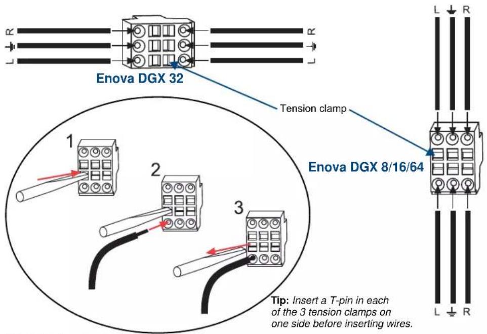 Enova DGX 32 Tension clamp Enova DGX 8/16/64 Tip: Insert a T-pin in each of the 3 tension clamps on one side before inserting wires.