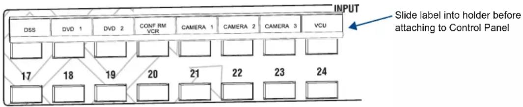 DSS DVD 1 DVD 2 CONF RM VCR CAMERA 1 CAMERA 2 CAMERA 3 VCU 17 18 19 20 21 22 23 24 Slide label into holder before attaching to Control Panel