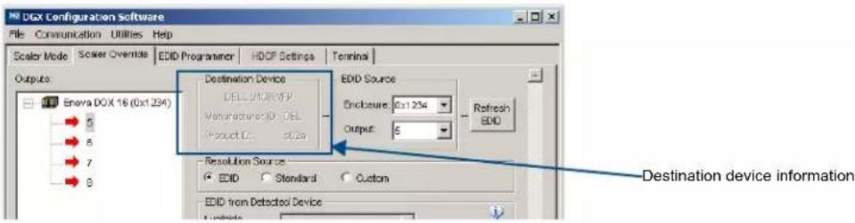 DIGX Configuration software File Communication Utilities Help Scaler Mode Scaler Overhead EDID Programmer HDCP Settings Terminals Output Enova DOX 16 (0x1 234) Destination Device DELL/DOX/TFP Manufacturer ID: CEL Product ID: dC# EDID Source Enclosure: 0x1 234 Output: 5 Refresh EDID Resolution Source EDID Standard Custom EDID from Detected Device Destination device information