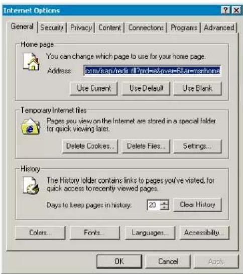 Internet Options General Security Privacy Content Connections Programs Advanced Home page You can change which page to use for your home page. Address: com/sap/redis.dll?rd=ek&rver=Star=msrhome Use Current Use Default Use Blank Temporary Internet files Pages you view on the Internet are stored in a special folder for quick viewing later. Delete Cookies Delete Files Settings... History The History folder contains links to pages you've visited, for quick access to recently viewed pages. Days to keep pages in history. 20 Clear History Colors Fonts Languages Accessibility... OK Cancel Apply