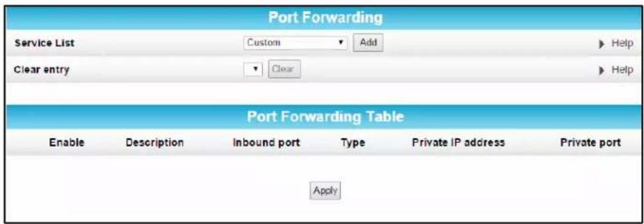 Port Forwarding Service List Custom Add Help Clear entry Clear Help Port Forwarding Table Enable Description Inbound port Type Private IP address Private port Apply