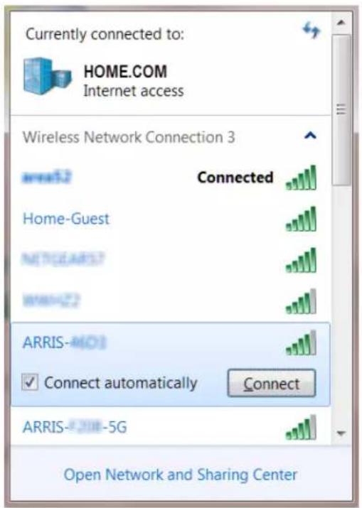 Currently connected to: HOME.COM Internet access Wireless Network Connection 3 area5.2 Connected Home-Guest NETGARST ARRIS-4001 Connect automatically Connect ARRIS-2008-5G Open Network and Sharing Center