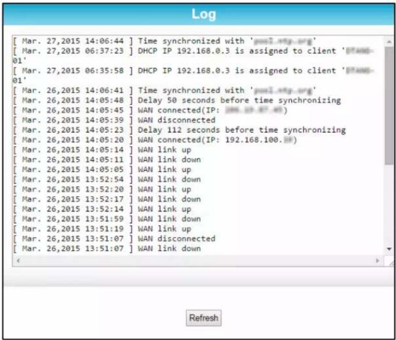 [ Mar. 27,2015 14:06:44 ] Time synchronized with 'pool.org' [ Mar. 27,2015 06:37:23 ] DHCP IP 192.168.0.3 is assigned to client 'PTANG-01' [ Mar. 27,2015 06:35:58 ] DHCP IP 192.168.0.3 is assigned to client 'PTANG-01' [ Mar. 26,2015 14:06:41 ] Time synchronized with 'pool.org' [ Mar. 26,2015 14:05:48 ] Delay 50 seconds before time synchronizing [ Mar. 26,2015 14:05:45 ] WAN connected(IP: 192.168.07.48) [ Mar. 26,2015 14:05:39 ] WAN disconnected [ Mar. 26,2015 14:05:23 ] Delay 112 seconds before time synchronizing [ Mar. 26,2015 14:05:20 ] WAN connected(IP: 192.168.100.49) [ Mar. 26,2015 14:05:14 ] WAN link up [ Mar. 26,2015 14:05:11 ] WAN link down [ Mar. 26,2015 14:05:05 ] WAN link up [ Mar. 26,2015 13:52:54 ] WAN link down [ Mar. 26,2015 13:52:20 ] WAN link up [ Mar. 26,2015 13:52:17 ] WAN link down [ Mar. 26,2015 13:52:14 ] WAN link up [ Mar. 26,2015 13:51:59 ] WAN link down [ Mar. 26,2015 13:51:19 ] WAN link up [ Mar. 26,2015 13:51:07 ] WAN disconnected [ Mar. 26,2015 13:51:07 ] WAN link down
