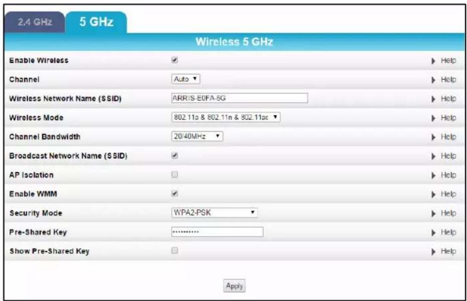 2.4 GHz 5 GHz Wireless 5 GHz Enable Wireless Channel Wireless Network Name (SSID) Wireless Mode Channel Bandwidth Broadcast Network Name (SSID) AP Isolation Enable WMM Security Mode Pre-Shared Key Show Pre-Shared Key Apply Help Help Help Help Help Help Help Help Help Help Help Help Help Help Help Apply