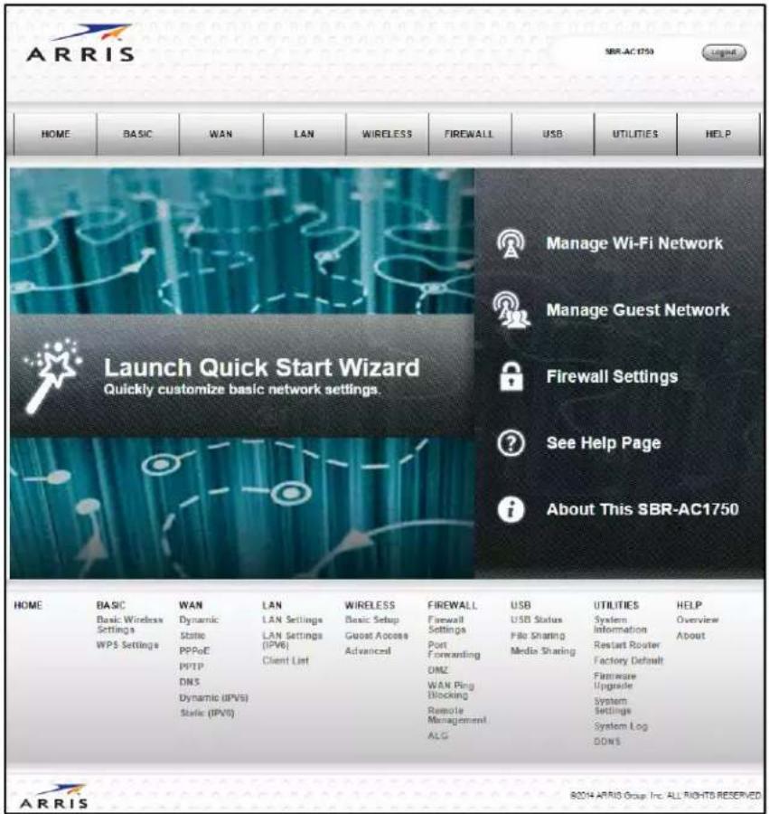 ARRIS SBR-AC1750 Legend HOME BASIC WAN LAN WIRELESS FIREWALL USB UTILITIES HELP Launch Quick Start Wizard Quickly customize basic network settings. Manage Wi-Fi Network Manage Guest Network Firewall Settings ? See Help Page About This SBR-AC1750 HOME BASIC WAN LAN WIRELESS FIREWALL USB UTILITIES HELP Basic Wireless Settings Dynamic LAN Settings Basic Setup USB Status Overview WPS Settings Static LAN Settings Guest Access Pilo Sharing Information DNS Client List Advanced Media Sharing Restart Router Dynamic (IPV6) Static (IPV1) WAN Ping Blocking Remote Factory Default DNS Management Flamware Upgrade System Settings System Log DANS ARRIS 8024 ARRIS Group Inc. ALL RIGHTS RESERVED