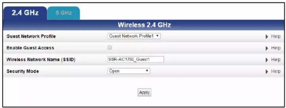 2.4 GHz 5 GHz Wireless 2.4 GHz Guest Network Profile Guest Network Profile1 Help Enable Guest Access Help Wireless Network Name (SSID) SBR-AC1760_Guest1 Help Security Mode Open Help Apply