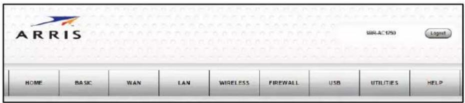 ARRIS SIR-AC 050 Logset HOME BASIC WAN LAN WIRELESS FIREWALL USB UTILITIES HELP