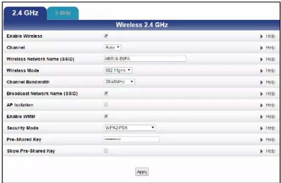 2.4 GHz 5 GHz Wireless 2.4 GHz Enable Wireless Channel Wireless Network Name (SSID) Wireless Mode Channel Bandwidth Broadcast Network Name (SSID) AP Isolation Enable WMM Security Mode Pre-Shared Key Show Pre-Shared Key Apply Help Help Help Help Help Help Help Help Help Help Help Help Help Help Help Help Help Help Help Apply