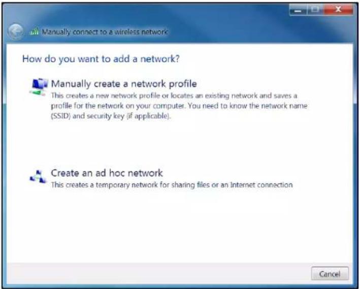 Manually connect to a wireless network How do you want to add a network? Manually create a network profile This creates a new network profile or locates an existing network and saves a profile for the network on your computer. You need to know the network name (SSID) and security key (if applicable). Create an ad hoc network This creates a temporary network for sharing files or an Internet connection Cancel