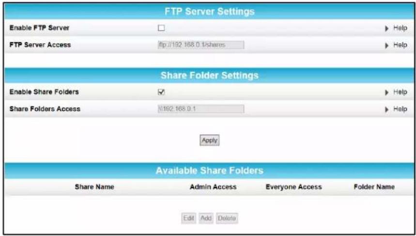 FTP Server Settings Enable FTP Server FTP Server Access flip://192.168.0.1/shares Help Share Folder Settings Enable Share Folders ✓ Share Folders Access \192.168.0.1 Help Apply Available Share Folders Share Name Admin Access Everyone Access Folder Name Edit Add Delete