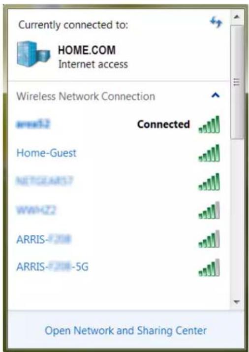 Currently connected to: HOME.COM Internet access Wireless Network Connection areas12 Connected Home-Guest NETGEAR57 WWW22 ARRIS-508 ARRIS-508-5G Open Network and Sharing Center