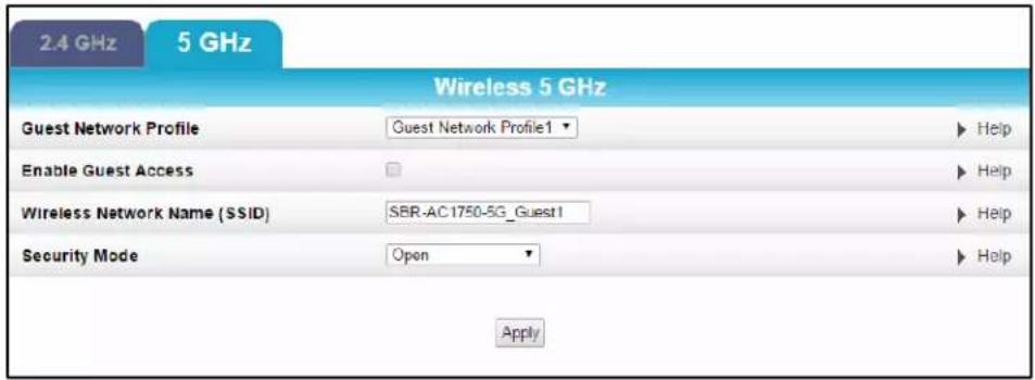 2.4 GHz 5 GHz Wireless 5 GHz Guest Network Profile Guest Network Profile1 Help Enable Guest Access Wireless Network Name (SSID) SBR-AC1750-5G_Guest1 Help Security Mode Open Help Apply