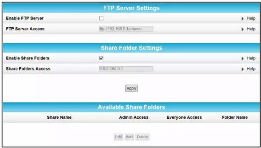 FTP Server Settings Enable FTP Server FTP Server Access Help ftp://192.168.0.1/shares Help Share Folder Settings Enable Share Folders ✓ Share Folders Access \192.168.0.1 Help Apply Available Share Folders Share Name Admin Access Everyone Access Folder Name Edit Add Delete