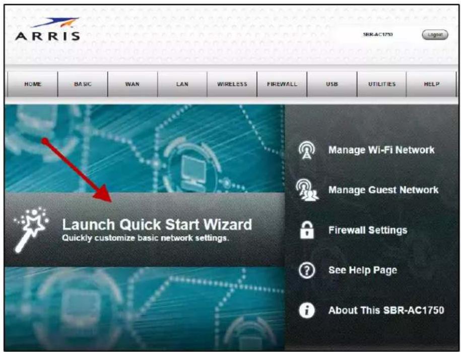 ARRIS SBR-AC1750 LOGAS HOME BASIC WAN LAN WIRELESS FIREWALL USB UTILITIES HELP Launch Quick Start Wizard Quickly customize basic network settings. Manage Wi-Fi Network Manage Guest Network Firewall Settings ? See Help Page About This SBR-AC1750