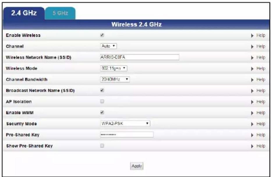 2.4 GHz 5 GHz Wireless 2.4 GHz Enable Wireless Channel Auto Wireless Network Name (SSID) ARRIS-E0FA Wireless Mode 802.11g+n Channel Bandwidth 20/40MHz Broadcast Network Name (SSID) AP Isolation Enable WMM Security Mode WPA2-PSK Pre-Shared Key Show Pre-Shared Key Apply Help Help Help Help Help Help Help