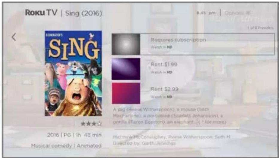 Roku TV | Sing (2016) SING Requires subscription Watch in ND Rent: $1.99 Watch in ND Rent: $2.99 Watch in ND A pig (Reese Witherspoon), a mouse (Seth MacFarlede), a portcupine (Scarlett Johansson), a porilla (Taron Egerton), an elephant... (* for more) 2016 | PG | 1h 48 min Musical comedy | Animated Matthew McConsloughley, Reese Witherspoon, Seth M Directed by: Garth-Jennings