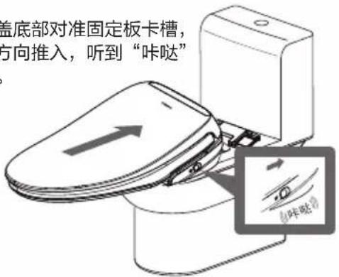 盖底部对准固定板卡槽, 方向推入,听到“咔哒”