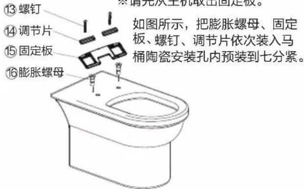 ⑬ 螺钉 ⑭ 调节片 ⑮ 固定板 ⑯ 膨胀螺母 如图所示,把膨胀螺母、固定板、螺钉、调节片依次装入马桶陶瓷安装孔内预装到七分紧。