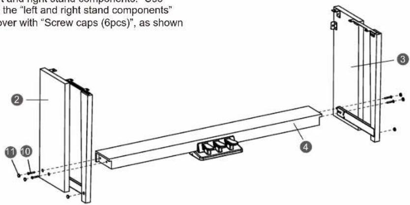 the "left and right stand components" over with "Screw caps (6pcs)", as shown