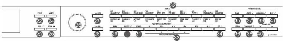 STYLE 22 USB / SONGIO 23 24 25 26 ✓ YES 27 ✓ NO 28 BET GRAND FR1 29 E.PAND 1 BEI CHUR DIC1 NA HUMMINE 1 102 STEEL CT 1 SAR STRICE 1 SAY BRASS 1 LRI FLUTE 1 STU SW PAN FLU 148 MARIMBA WHITE PN W 005 E.PAND 2 BDT 1 ACCORD 1 NLYDN CTR 1 SWEET VN 370 TRUMPET 1 SPIN SAK 1 SAB 1 CLARINET 1 VIRRA W 372 STD SET 1 399 BANK FRIEDS / STORE M1 M2 M3 M4 M5 M6 Q.T.S. 31 ONE TOUCH SETTING 32 33 VOICE CONTROL DUAL LOWER / HARMONY / DISP / 35 37 39 41 PANO TWINING / TUNIPIC / 36 38 40 Z-