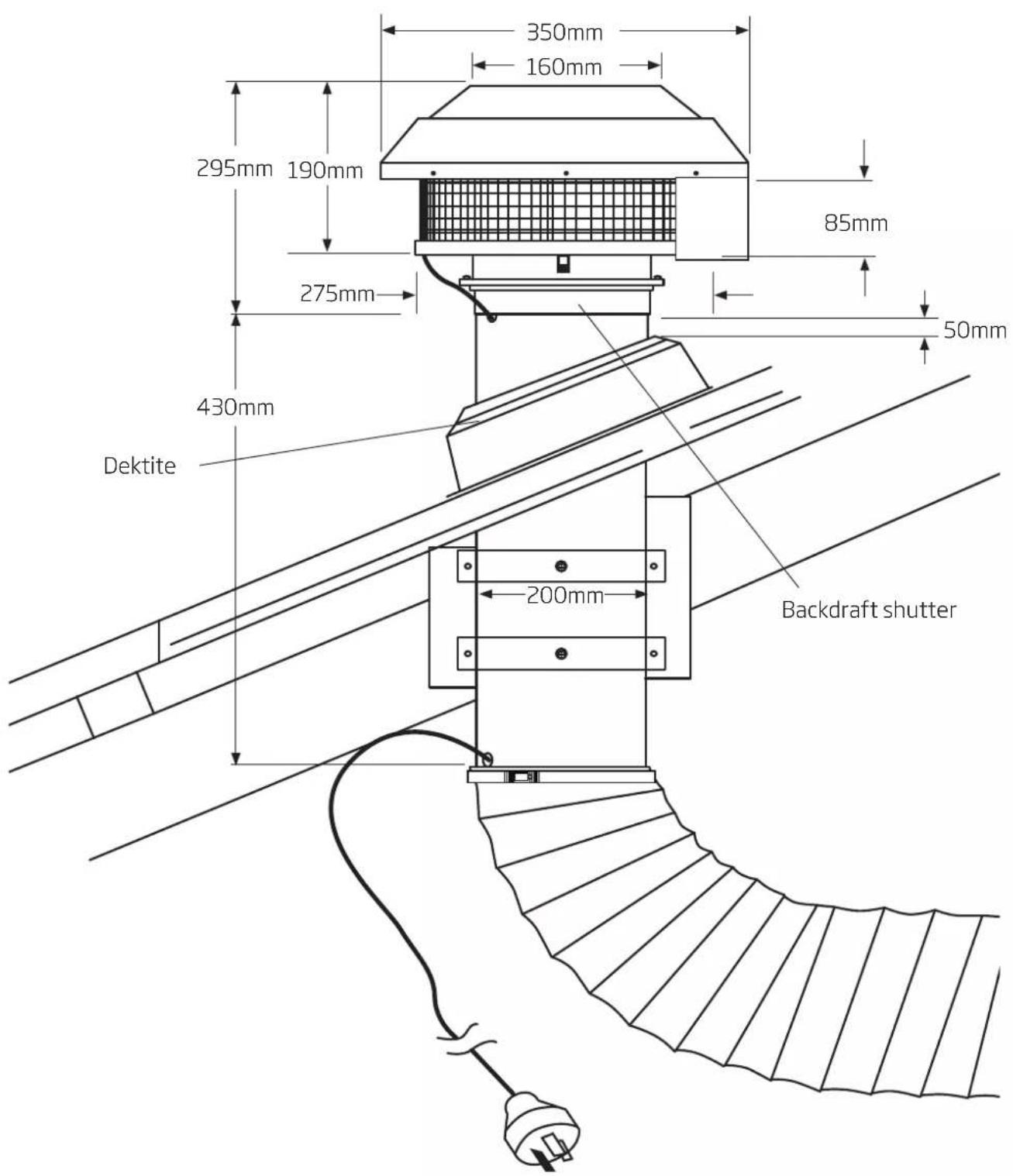 350mm 160mm 295mm 190mm 85mm 275mm 50mm 430mm Dektite 200mm Backdraft shutter