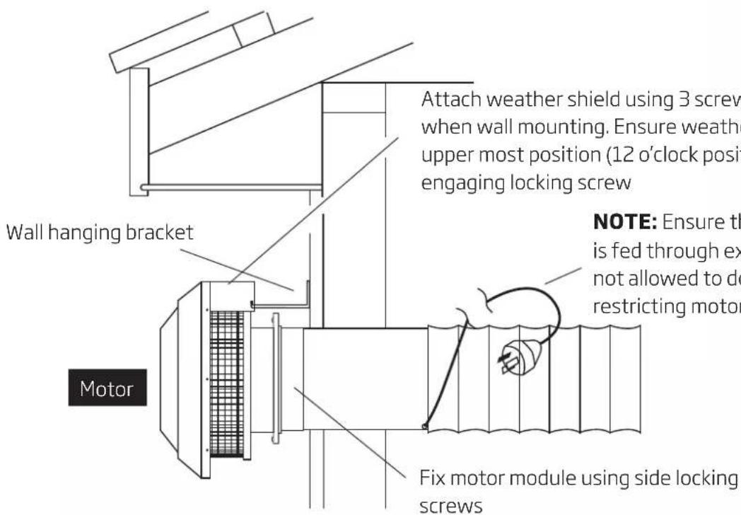 Attach weather shield using 3 screws when wall mounting. Ensure weather upper most position (12 o'clock posi engaging locking screw Wall hanging bracket NOTE: Ensure th is fed through ex not allowed to do restricting motor Motor Fix motor module using side locking screws