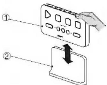 Diagram showing two-step device control or display operation: one with a hand pressing down on a device, the other with an arrow indicating press direction.