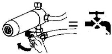 Diagram showing a hand using a valve to adjust a cylindrical component, with a faucet symbol nearby.