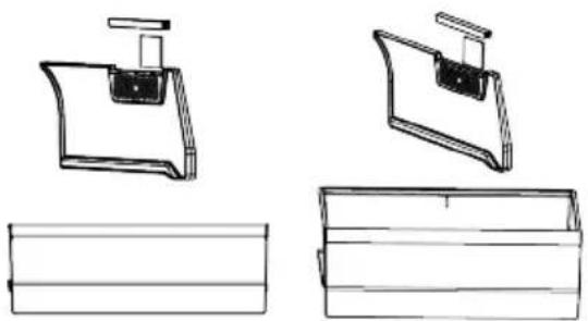 Technical line drawings of mechanical components, including a clip and a rectangular base (no text or symbols)
