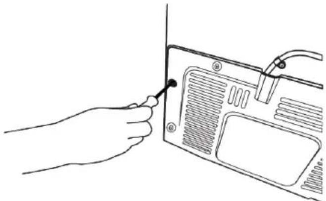 Line drawing of a hand inserting a plug into a device panel (no text or symbols)