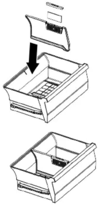 Technical line drawing showing a mechanical assembly with an open drawer and a downward arrow indicating a process (no text or symbols present)