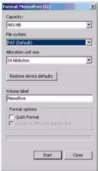 Format MemoRive (G:) Capacity: 983 MB File system FAT (Default) Allocation unit size 16 Miobytes Restore device defaults Volume label MemoRive Format options □ Quick Format □ create an MS-DOS startup disk. Start Close