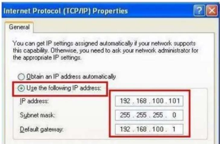 Internet Protocol (TCP/IP) Properties General You can get IP settings assigned automatically if your network supports this capability. Otherwise, you need to ask your network administrator for the appropriate IP settings. Obtain an IP address automatically Use the following IP address: IP address: 192 . 168 . 100 . 101 Subnet mask: 255 . 255 . 255 . 0 Default gateway: 192 . 168 . 100 . 1